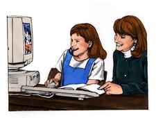 Woman tutoring young girl at computer
